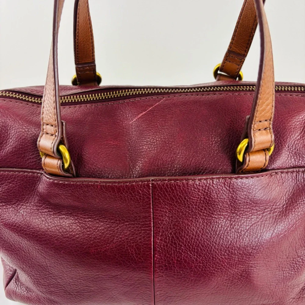 Fossil Burgundy Brown Leather Geometric‎ Patchwork Satchel Crossbody Bag